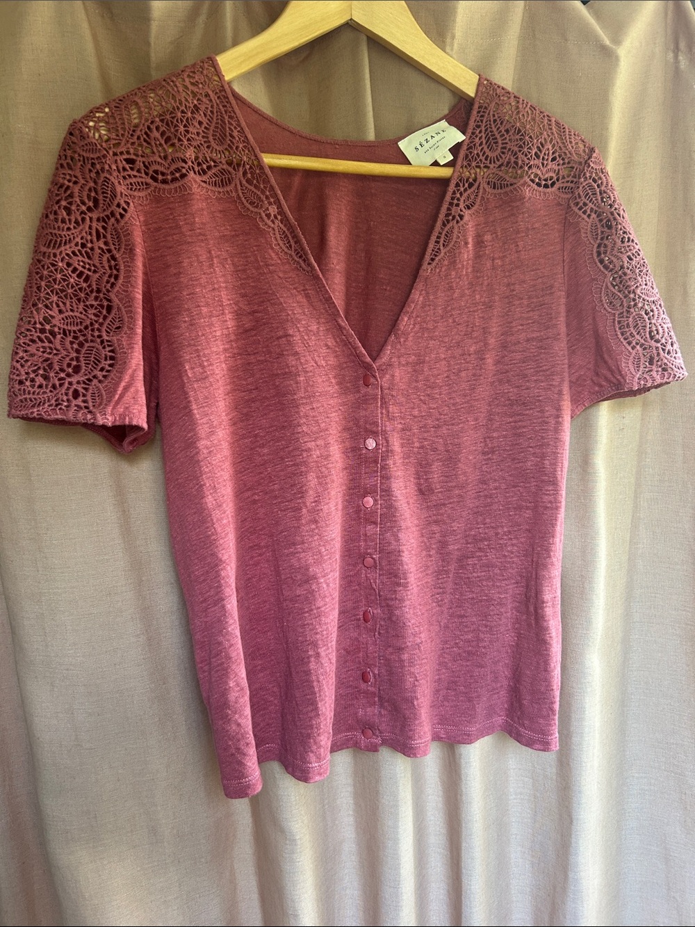 Sezane Rose Red Lace-Shoulder linen V-Neck Button-Front Top